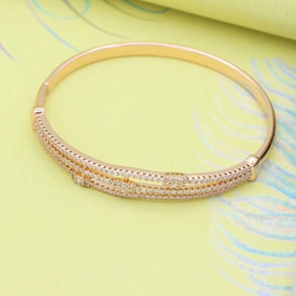 Triple Row Rose Gold Bangle with Sparkling Geometric Accents, XPBL0557 - Picture 2 of 12